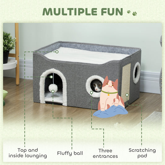 PawHut Cat Bed For Indoor Pets, Foldable Cat House With Fluffy Ball And Scratch Pad For Small And Medium Pets, Grey