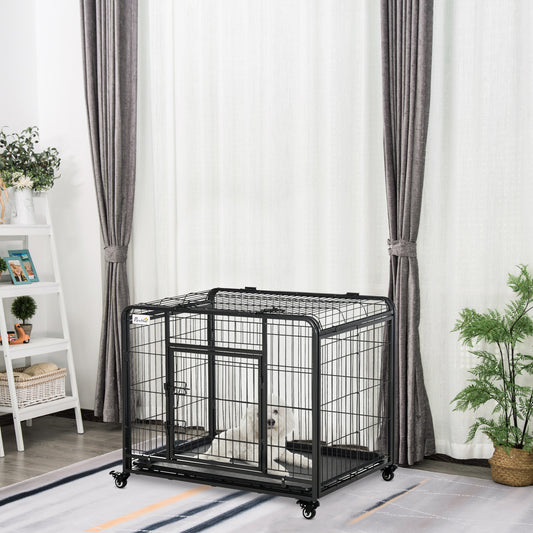 PawHut Metal Dog Cage Kennel Locking Door & Wheels Removable Tray Openable Top For Medium Pets 94 X 58 X 69.5 Cm